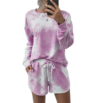 

Womens Gradient T-shirt Shorts Set 2 Pcs Lounge Wear Long Sleeve Top Drawstring Homewear Casual Suit