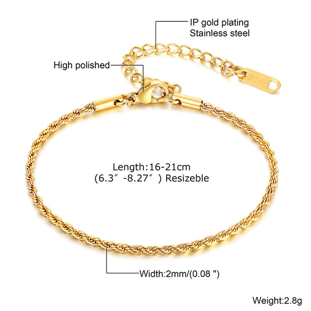 Twist Rope Chain Bracelet for Women Stainless Steel Bracelets Female Wrist Adjustable Length Party Layering Jewelry