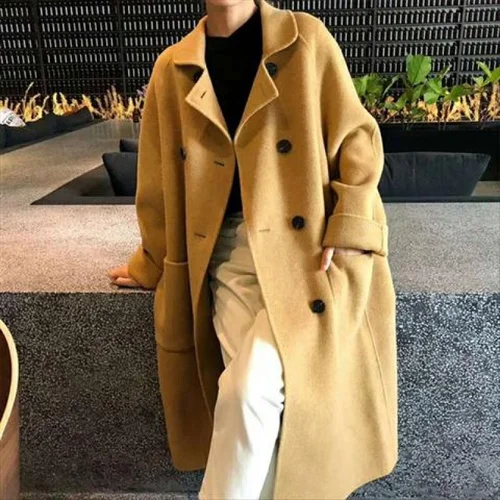 yellow Высокое качество двустороннее длинное шерстяное пальто двубортное теплое плотное розовое манто Femme одноцветное цветное Женское пальто с отложным воротником - Цвет: yellow