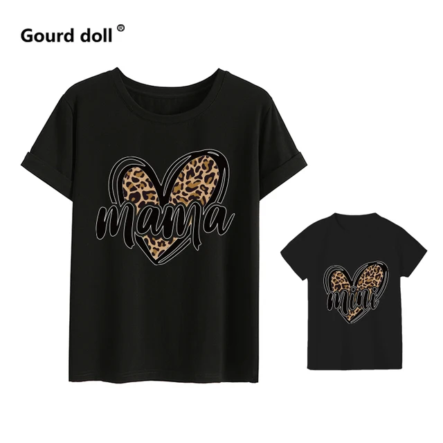 Tshirt family fashion mother kids Leopard Love family tshirt mom baby girl clothes family matching outfits family look clothes CYBWAX-black