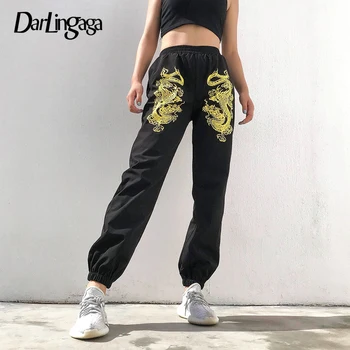 

Darlingaga Streetwear Dragon Print Black High Waist Pants Women Joggers Hip Hop Trousers Elastic Track Pants Pantalon Femme 2020
