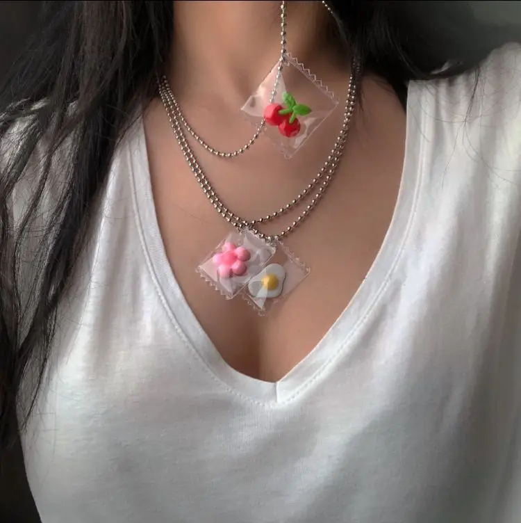 

INS Cute Flower Cherry Frust Stainless Steel Choker Necklace Silver Chain Trendy Pendant For Women Men Cool Punk Party Jewelry