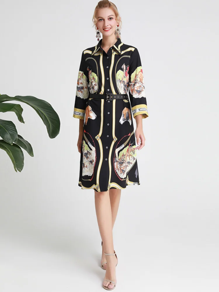 printing Xiaomoli de la pista de la manera del otoño elegante de las mujeres de с длинными рукавами fruncido Цветочный Печать миди una lín - Цвет: printing