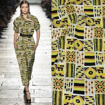 

140*50cm lemon yellow geometric silk stretch crepe de chine fabric 16mm natural silkworm silk brand fashion fabric