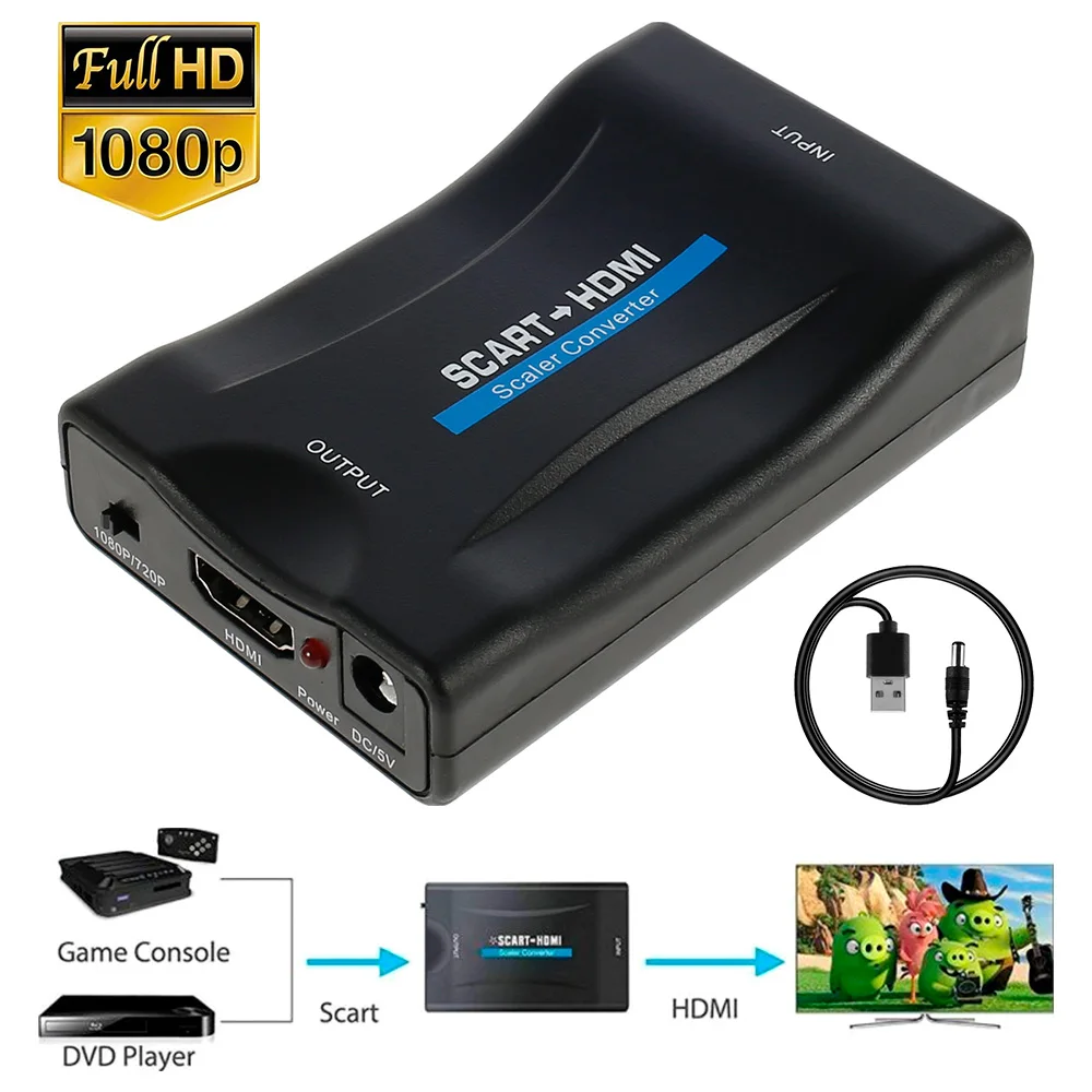

1080P SCART to HDMI Video Audio Upscale Converter AV Signal Adapter HD Receiver LED indicator No Driver Required