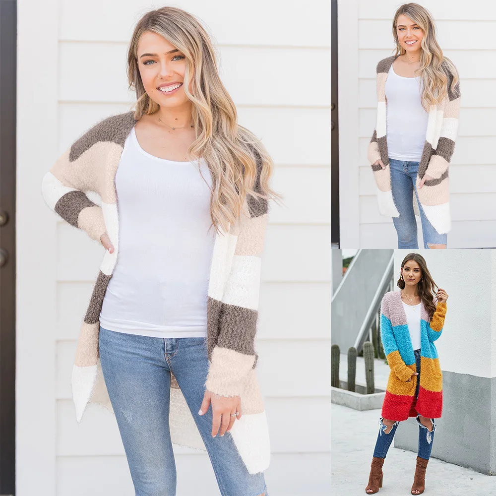 Women's Wear Winter New Pocket Sweater European And American Medium And Long Sleeves Multi-color Stitched Knitted Cardigan Women's Wear Winter New Pocket Sweater European And American Medium And Long Sleeves Multi-color Stitched Knitted Cardigan