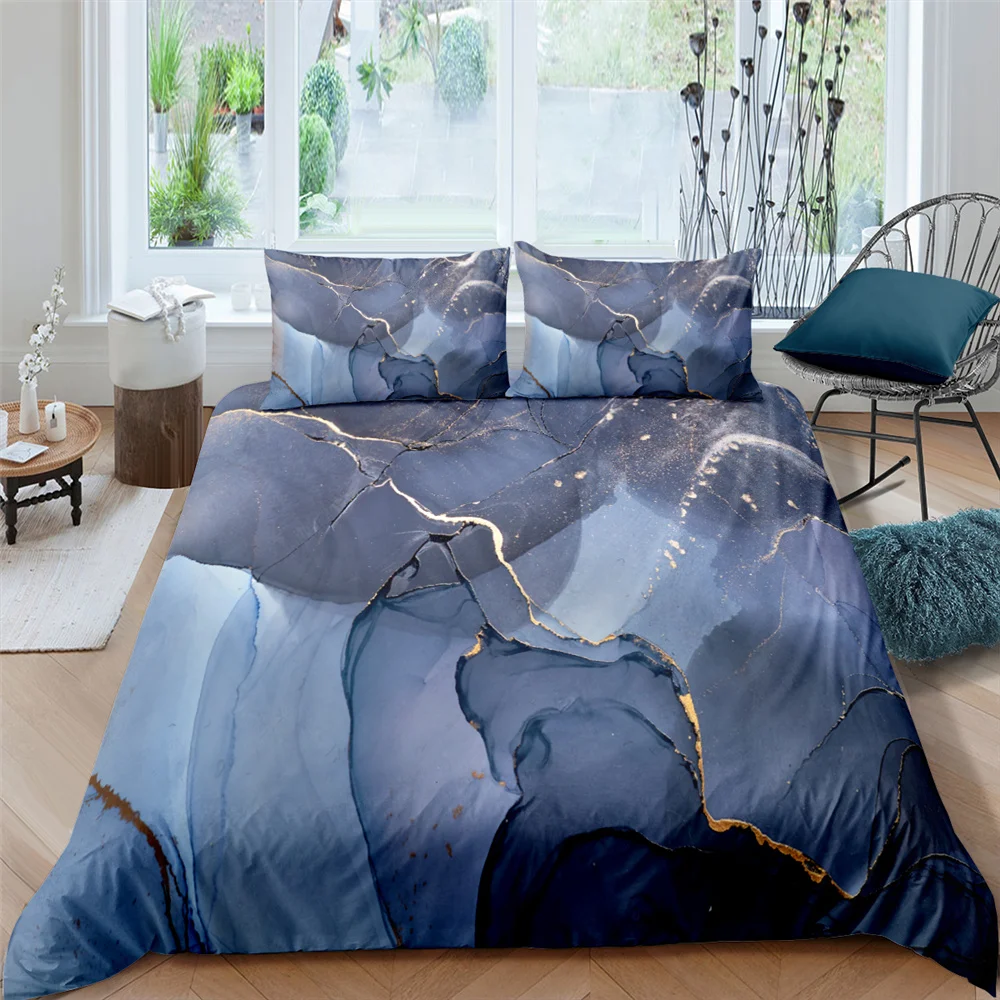 ZEIMON Marble Shiny Polyester Bedding Set 3D Print Geometric Duvet Cover Pillowcase Lightweight Quilt Cover 2/3pcs Bedclothes