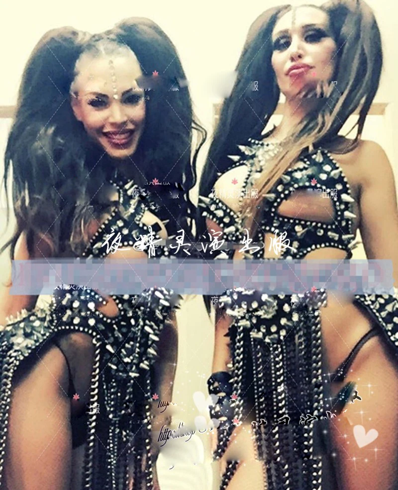 Sexy catwalk clothing black hollow rivet female singer ds DJ dance team for the show gogo teamfemale performance cloth | Тематическая