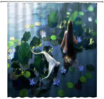 

Waterproof Fabric Shower Curtain Lotus Flower Leaf Mermaid Shower Curtain Home Bathroom Item Bathroom Shower Curtains &12 Hook