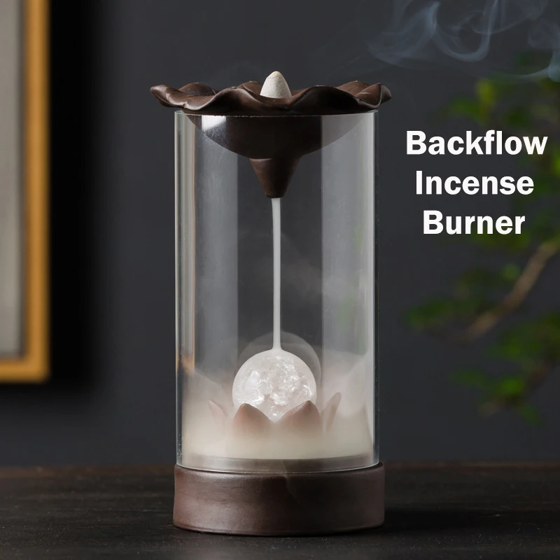 

Backflow Censer Windproof Design with 7 Color Change LED Crystal Ball Ceramic Art Home Fragrance Backflow Incense Burner Ornamen