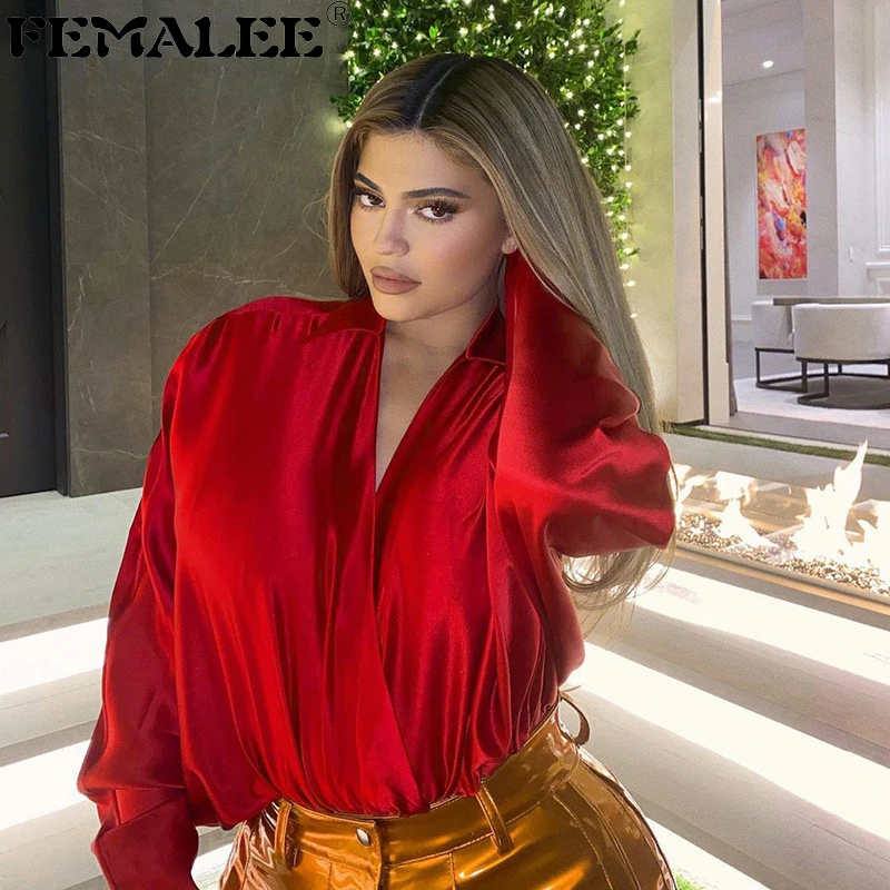 FEMALEE camisa de seda con en V profundo para blusa Vintage, camisas de calle holgadas de manga larga rojas para mujer 2021| Blusas y camisas| - AliExpress