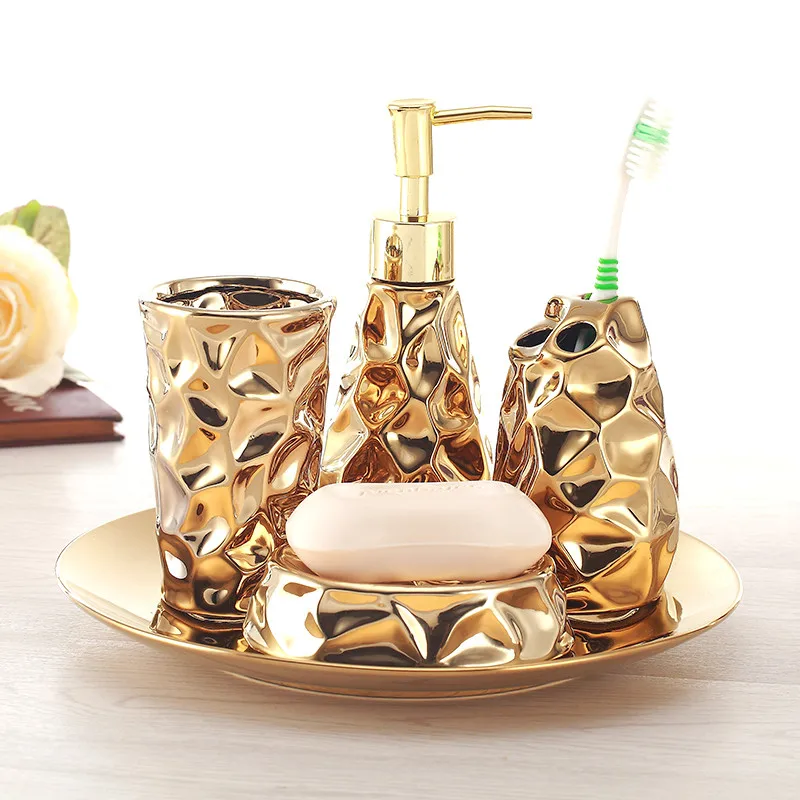 Bathroom Ceramic Wash Set Soap Dispenser Toothbrush Holder &amp Cup WIth Tray Creative Lavatory 4-5 Pieces Wedding Gift | Обустройство
