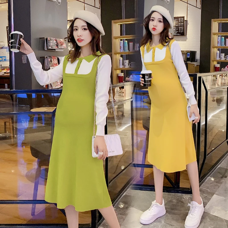 Имитация двух частей модное платье для беременных Новинка 2019 женское теплое с