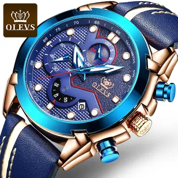 

Relogio Masculino Chronograph Men Watch Auto Date Blue Leather Mens Watches Business Man Watches Casual Sport Watches For Men