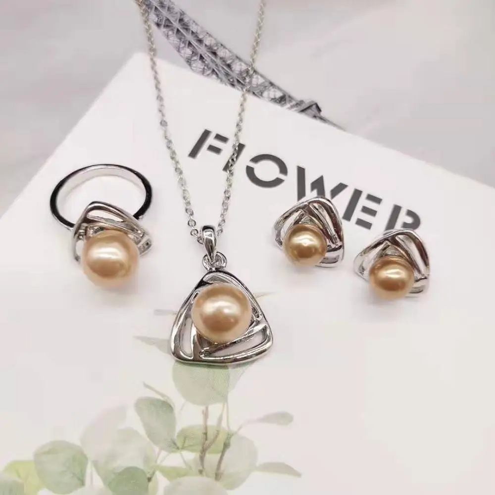 silver bronze Модные Ювелирные наборы из искусственного жемчуга, треугольный дизайн, подвеска, ожерелье, кольцо, серьги-гвоздики, для женщин, для свадьбы - Окраска металла: silver bronze