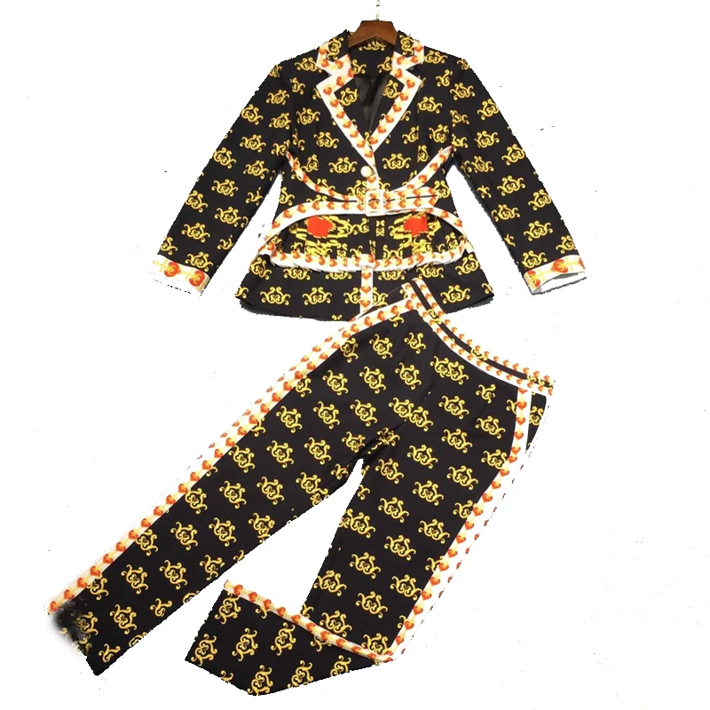 GoodliShowsi высокого класса а также штанов, раздел-костюмы Для женщин комплекты Chic печати костюм с вытачками вeрх+ штaны лeггинсы одинаковые комплекты комплект из 2 предметов