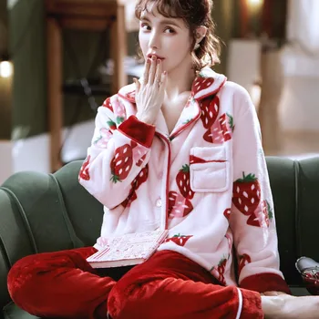 

Korean Flannel Pajamas Sleep Set Women Winter Warm Thickened Coral Fleece 2pcs Shirt&pant Pijamas Sleepwear Women Sweet Homewear