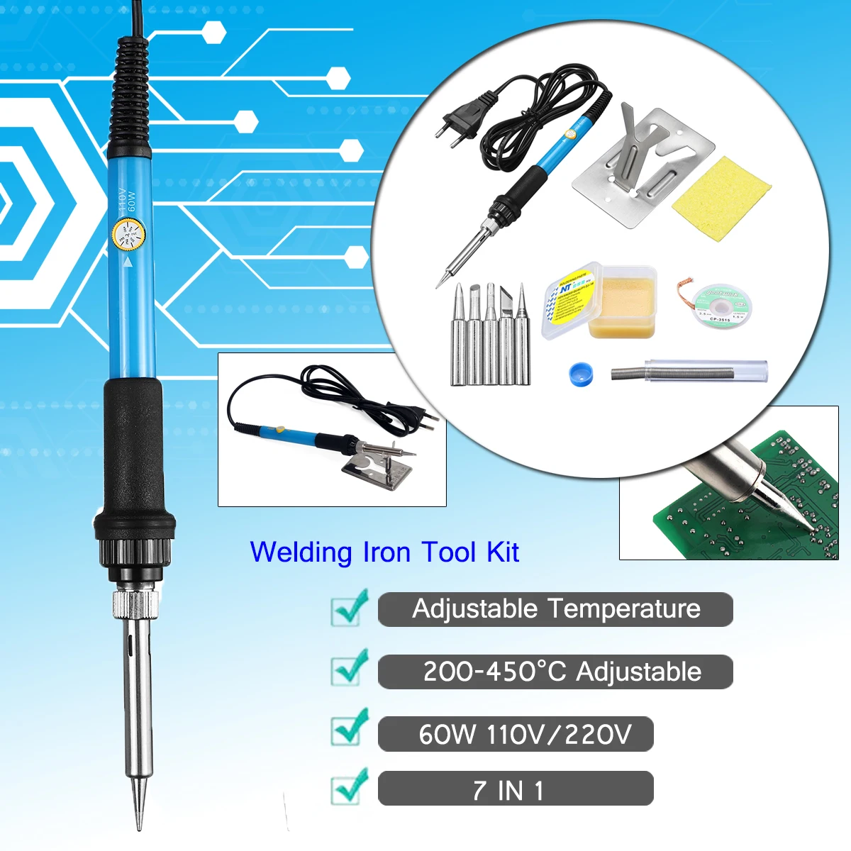 

7 In 1 110/220V EU/US 60W 200-450 Degree Solder Wire Tweezers Electric Soldering Iron Welding Tool Kit 5Tips LED Indicator Light