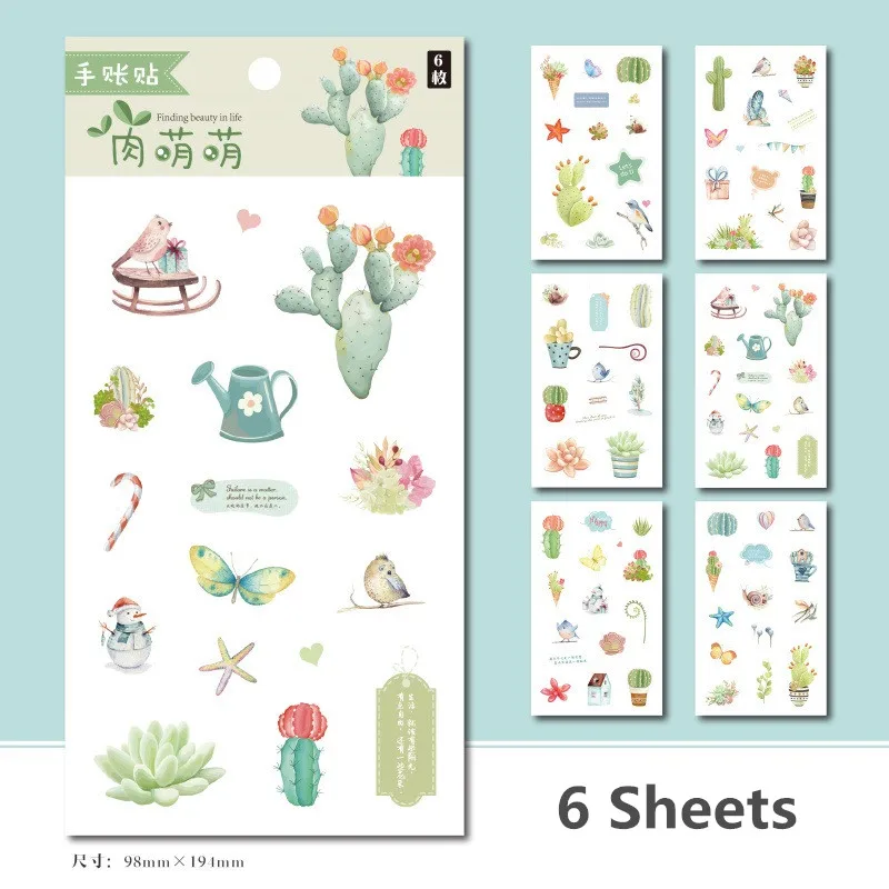 

6 Sheets/Set Cute Cactus and Flowers Decorative Sticker DIY Diary Scrapbooking Label Stickers Gift Stationery