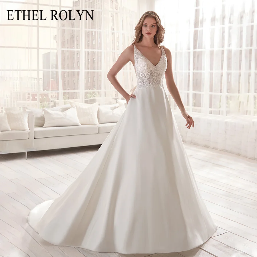 

ETHEL ROLYN Romantic Vintage Wedding Dress 2020 V-neck Backless Bow Soft Satin Appliques A-Line Wedding Gowns Vestido De Noiva
