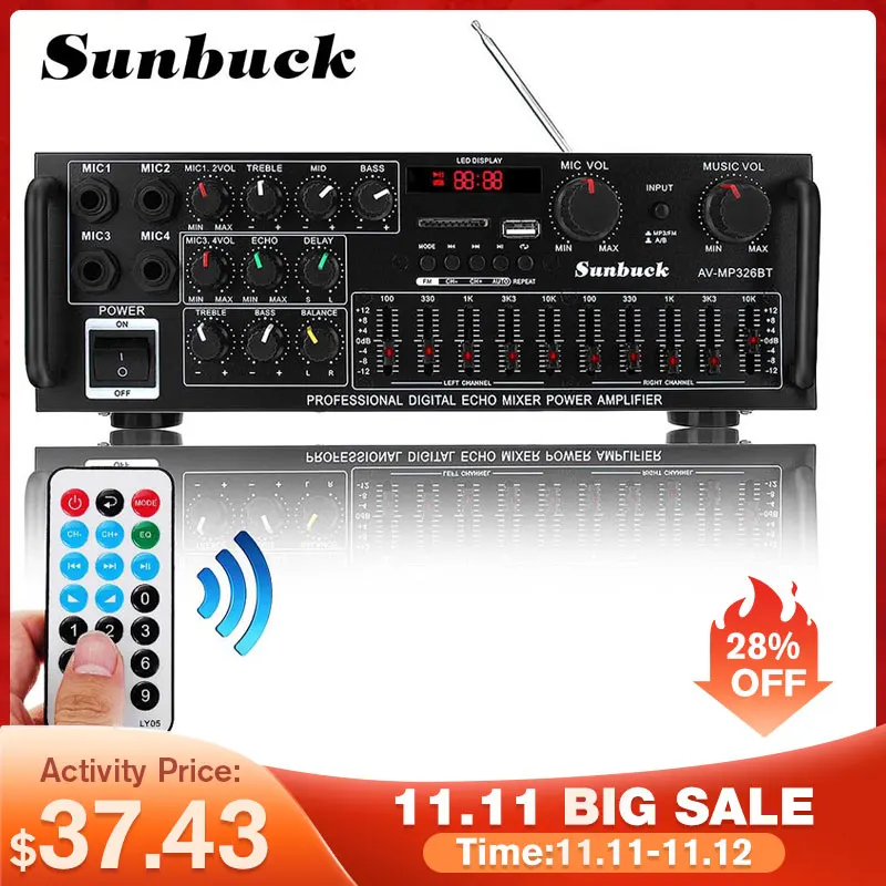 SUNBUCK 2000W 5.0 bluetooth 2 Channel Audio HiFi Amplifier Stereo 326BT DC 12V 220V AV Amp Speaker Reverb Equilibrium 1