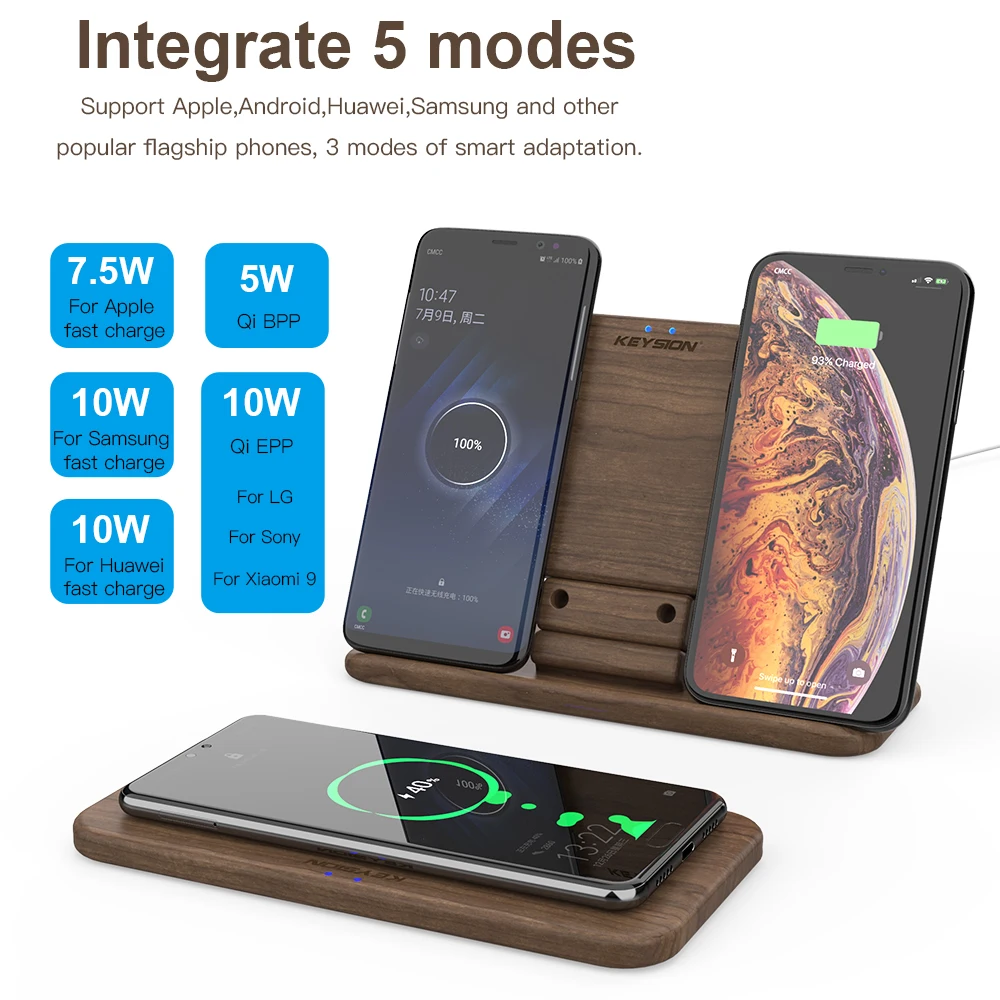 KEYSION 5 Coils Dual QI Fast Wireless Charger Stand/Pad Convertible Charging for IPhone 11 XS Max X