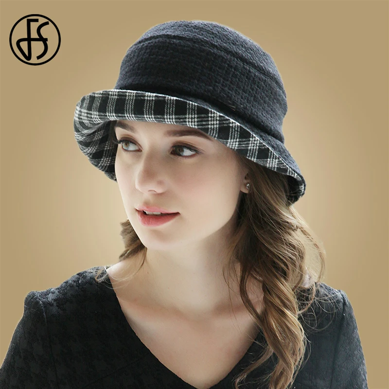 FS, Зимняя шерстяная шапка для женщин, складная шапка-ведро, рулон, шерстяные шляпы для рыбаков, женская шапка, японская плоская шапка - Цвет: Black