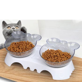 

Pet Feeding Bowl Cat Ears Shaped Oblique Single/Double Bowls Spine Neck Protecting for Cat Pet Supplies
