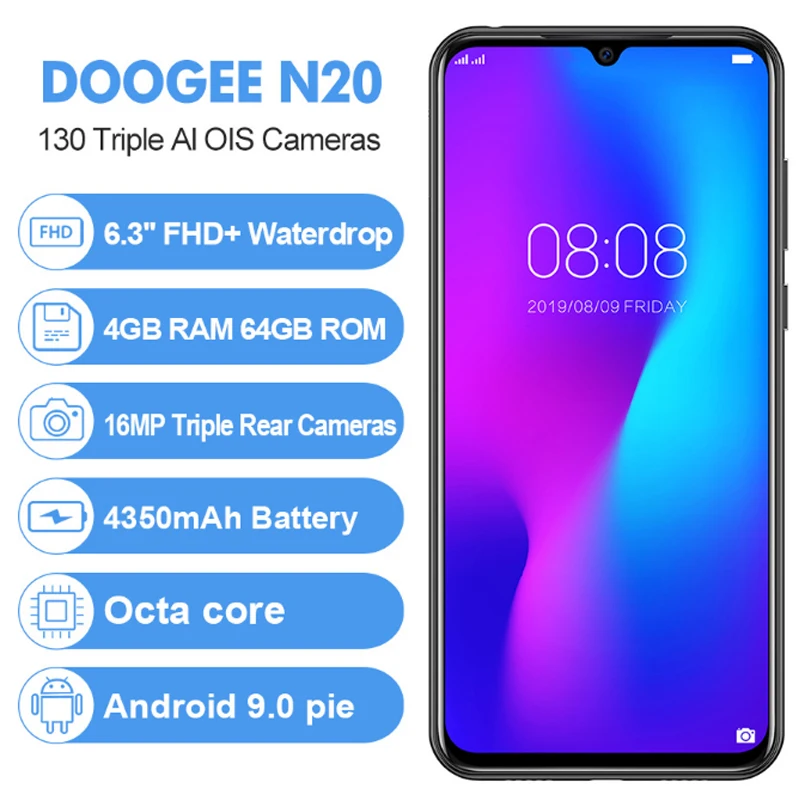 DOOGEE N20, новинка, смартфон, 6,3 дюймов, FHD+ дисплей, 4350 мАч, 4 Гб+ 64 ГБ, четыре ядра, 10 Вт, зарядка, отпечаток пальца, 16 МП, тройная задняя камера