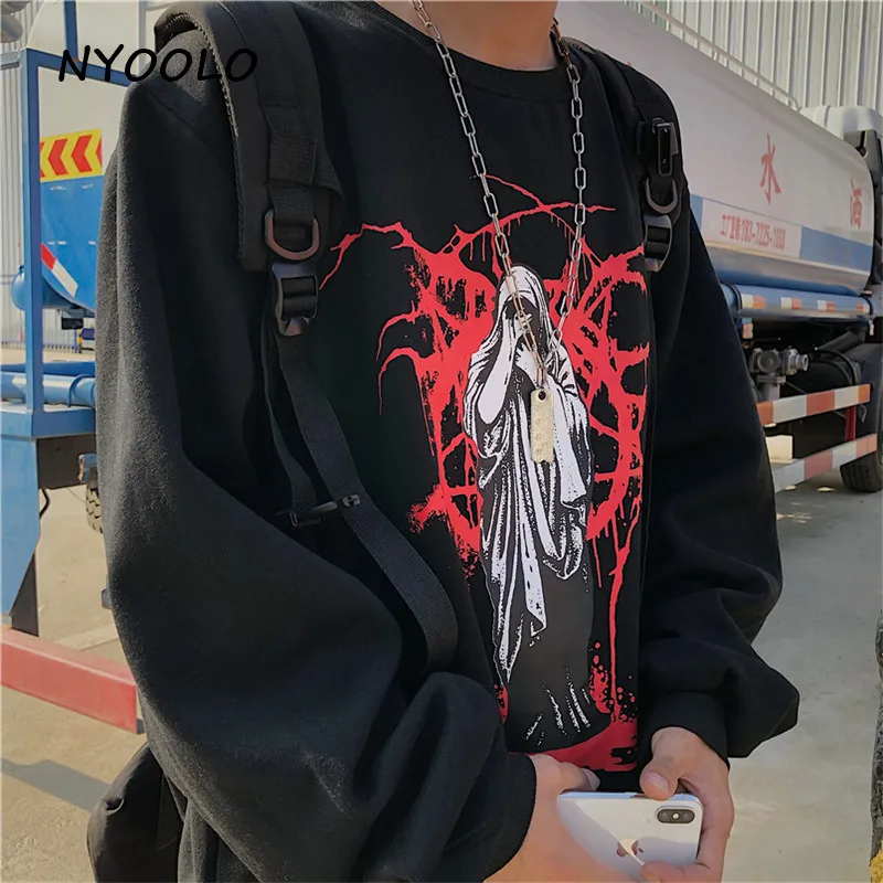 Harajuku стиль уличная религиозная фигура печати теплые флисовые толстовки осень зима свободные o-образным вырезом пуловеры Толстовка для женщин и мужчин