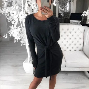 

Irregular Bandage Bodycon Dress Slim Tunic Wrap Hips Mini Vestidos Grey Black Winre Red Autumn Dresses High Waist Long Sleeve