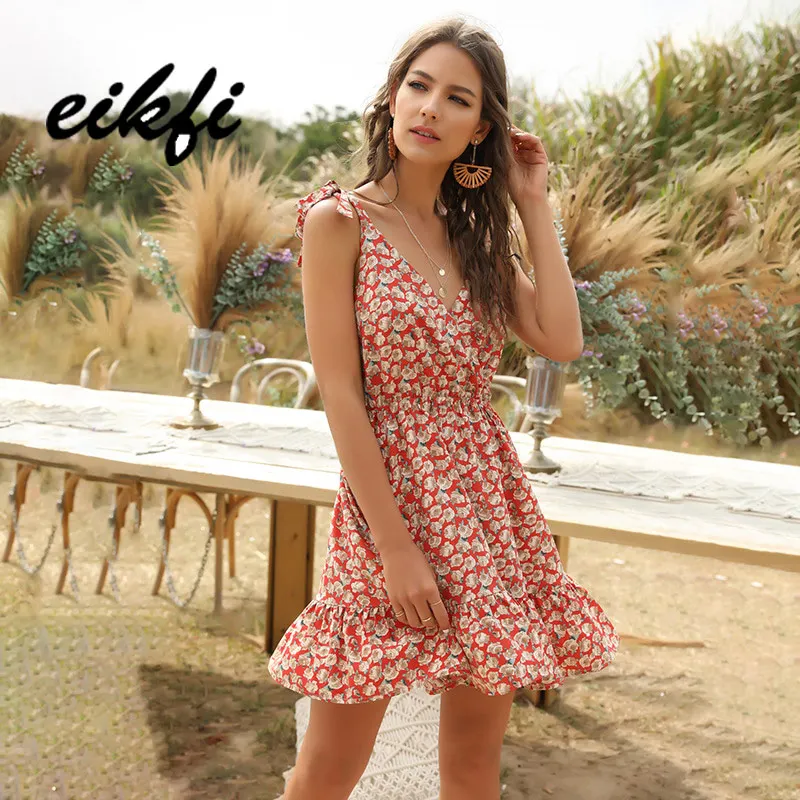 

EIKFI All Ditsy женское платье на бретельках с цветочным принтом, летнее женское платье с бантом на плечах, V-образным вырезом и открытой спиной, мини-платье в стиле бохо с оборками на подоле, Новинка