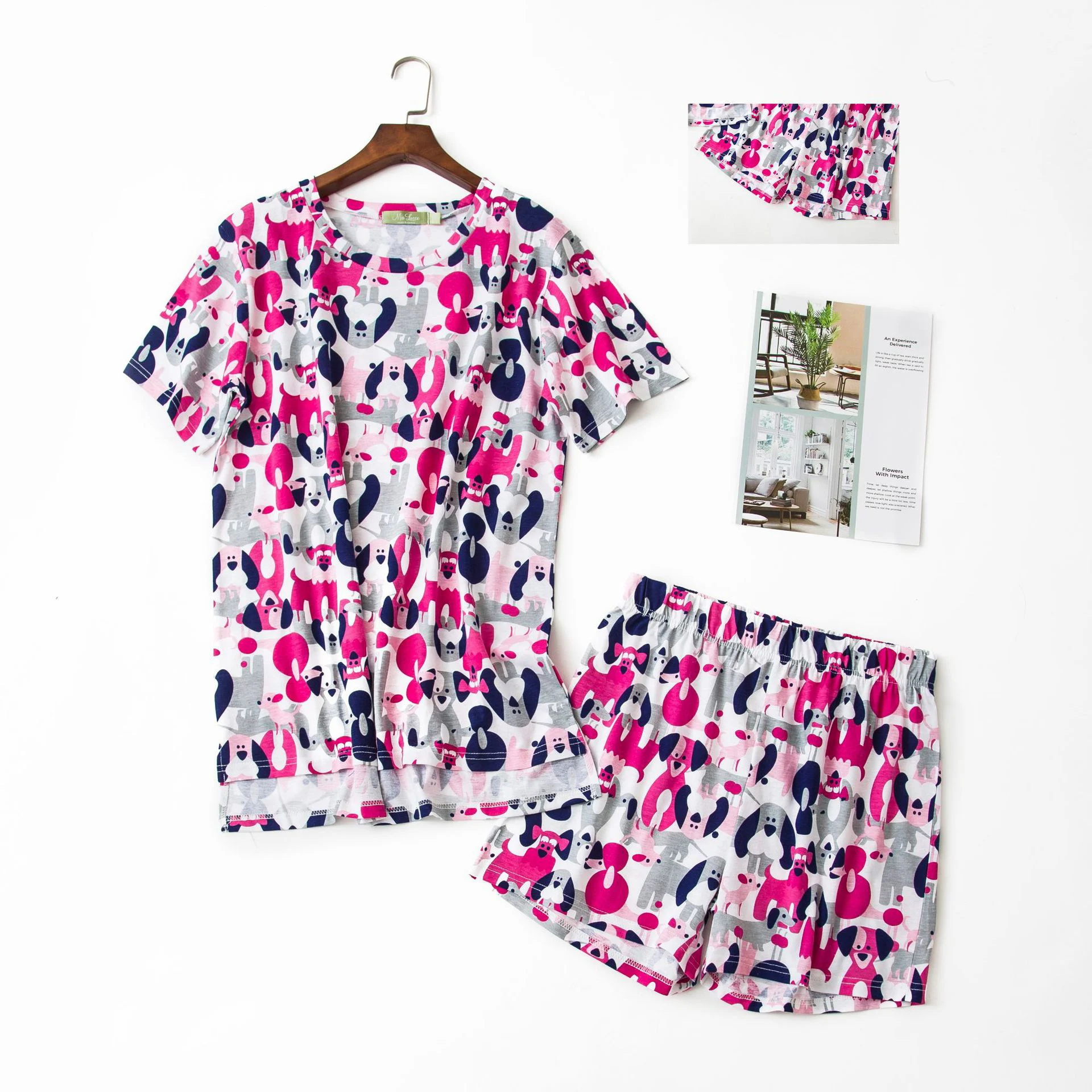 Women Knit Cotton Short Sleeve Cartoon Shorts Pajamas Sets Summer