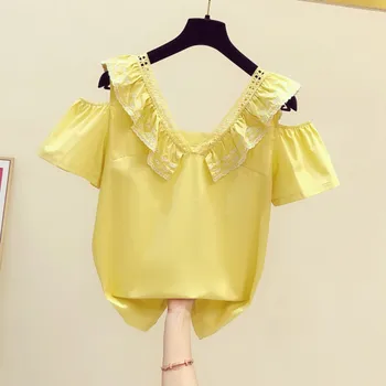 

Yellow Blouse for Women 2020 Summer New Korean Style Elegant V-neck Ruffles Short Sleeved Off-Shoulder Shirt Female Casual Tops