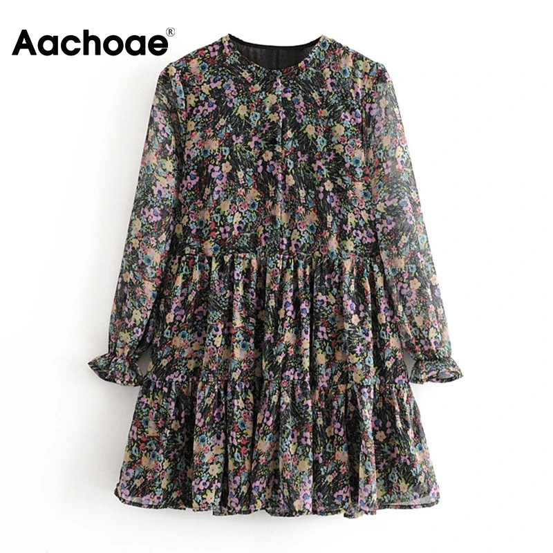 Aachoae Long Sleeve Floral Print Bohemian Dress Women Loose O Neck Chiffon Mini Dress Casual Pleated Beach Sundress Robe Femme Aachoae Long Sleeve Floral Print Bohemian Dress Women Loose O Neck Chiffon Mini Dress Casual Pleated Beach Sundress Robe Femme