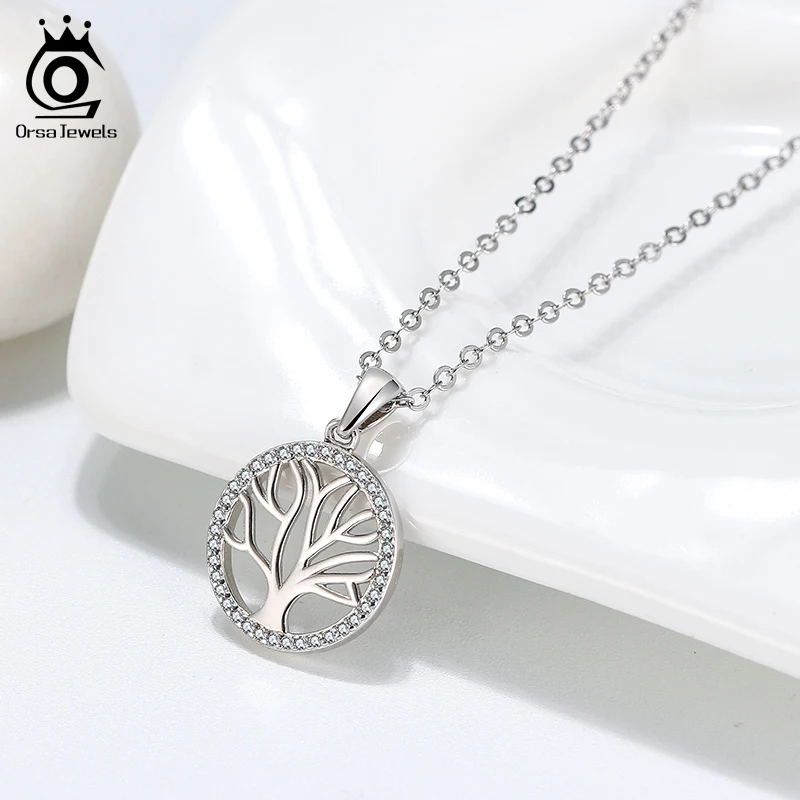 

ORSA JEWELS Trendy Tree of Life AAAA Zircon Pendant Necklaces 925 Sterling Silver Necklace for Women Jewelry Party Gift OSN226