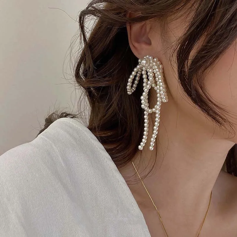 Dangle Earrings Korean Tassel Earrings Bow Handmade Pearl Beads Long Earring for Women Wedding Fashion Jewelry Temperament Dangle Ear Rings dangle earrings pearl earrings drop earrings pendant earrings long earrings crystal tassel earrings