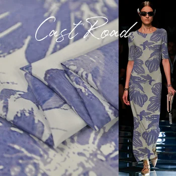 

Big Blue Flower Printed 135cm Wide 17momme 100%silk Crepe De Chine Fabric for Dress Brand Cloth Diy Sewing Free Shipping Sale