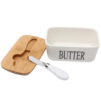 

Cheese Tool Storage Tray Ceramic Plate Nordic Style Sealing Kitchen With Wood Lid Food Dish Butter Box Keeper Container