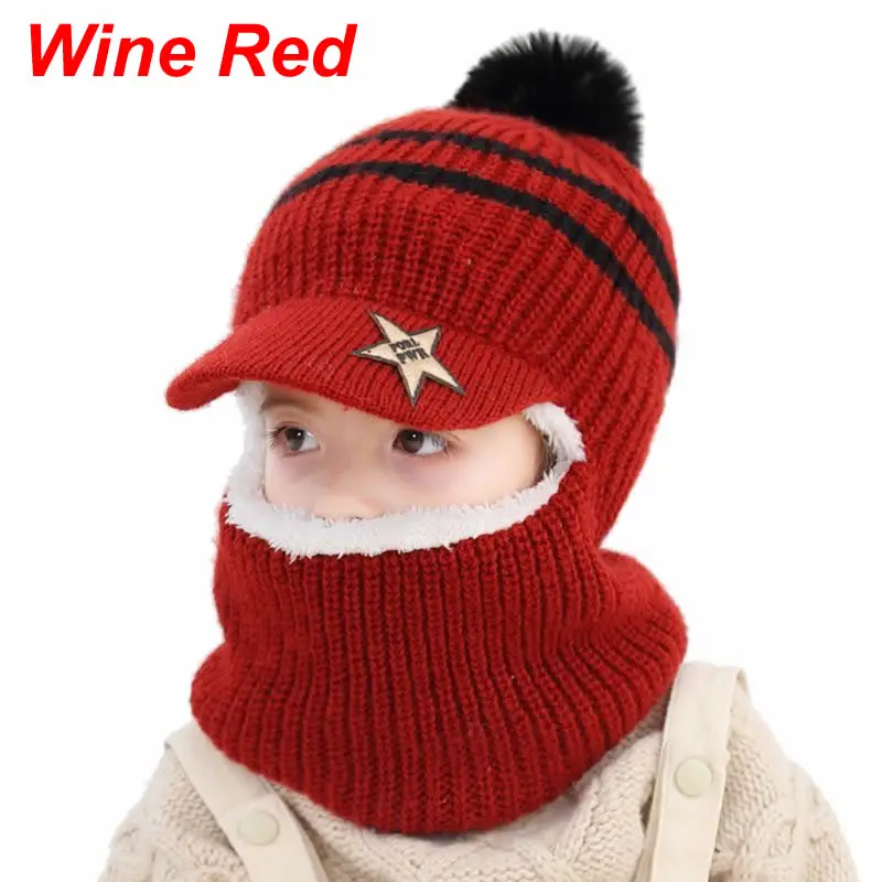 Wine Red Зимняя теплая шапка для мальчиков и девочек; шапка с капюшоном и ушками для малышей; детская шапка с флисовой подкладкой - Цвет: Wine Red