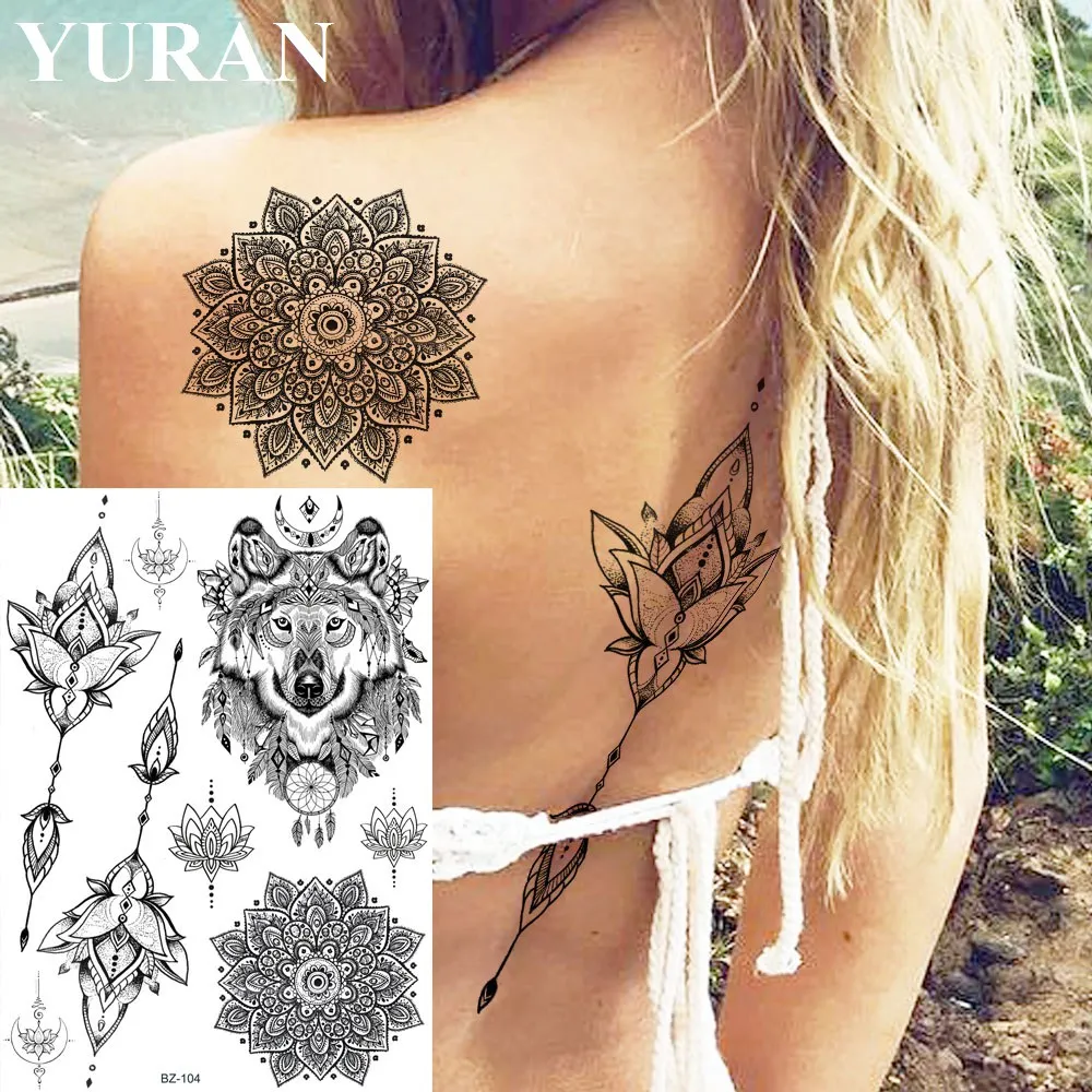 

Henna Mandala Flower Black India Tattoos Stickers Wolf Dreamcatcher Waterproof Tattoo Temporary Women Girls Body Arm Fake Tatoos