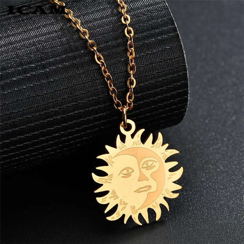 ICAM Minimalism Crescent Sun Pendants Necklaces Women Stainless Steel Star Charm Gold Color Disc Coin Necklace Gifts For Men | Украшения и