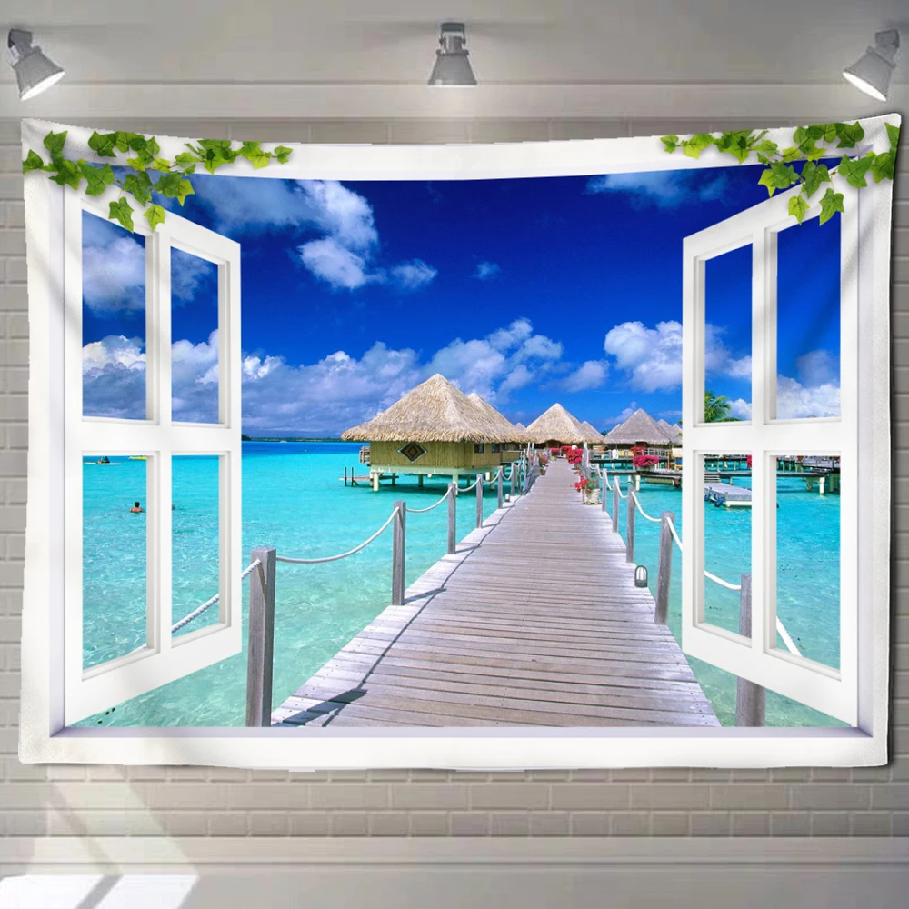 Tapestry Decorations Beach Landscape Window Painting Tapestry Wall Hanging Hippie Tapiz Psychedelic Art Background Home Decor