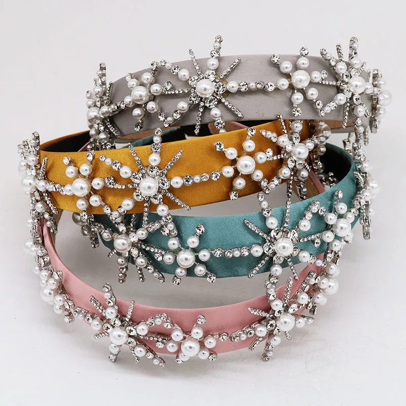 Роскошные барокко Снежинка стразы цветок повязка с короной с жемчугом королева выпускного вечера повязка для волос диадема кристалл украшения для волос фестиваль подарок