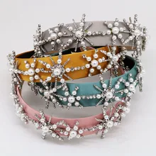 Роскошные барокко Снежинка стразы цветок повязка с короной с жемчугом королева выпускного вечера повязка для волос диадема кристалл украшения для волос фестиваль подарок