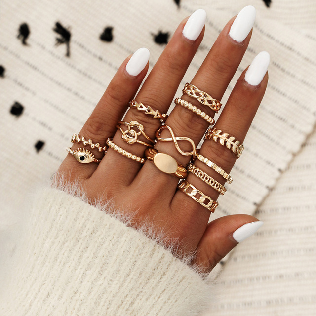 Crystal Geometry Knuckle Finger Ring Set For Women Eye Flower Leaves Charm Chain Rings Female Bohemia Jewelry