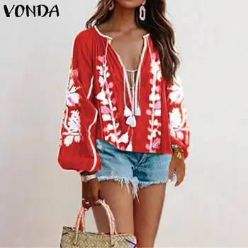 

VONDA Deep V-Neck Blouse Womens Lantern Sleeve Floral Printed Shirts 2020 Autumn Fashion Sexy Elegant ToSp Casual Loose S-5XL