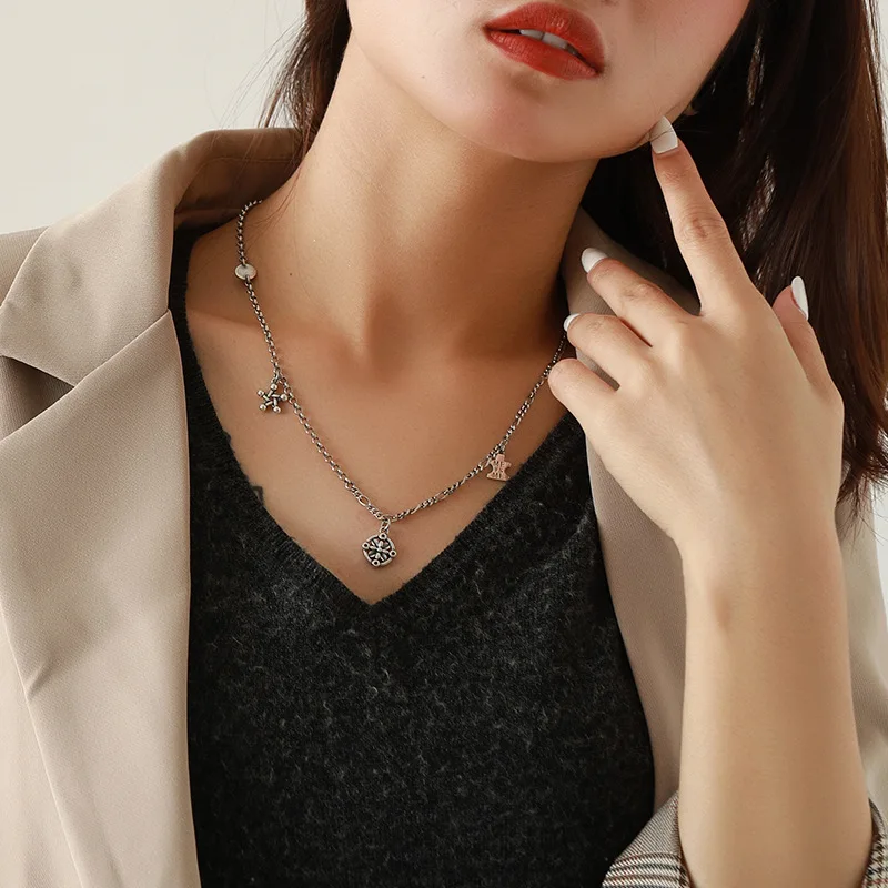 

Far Vatican S925 Fine Silver Five-pointed Star Necklace Retro Retro Thai Silver Cool Chain Necklace Women's Cool Choker