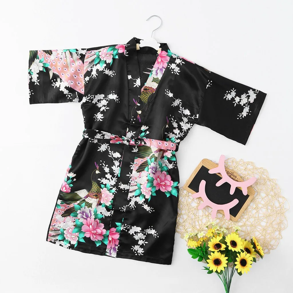 Детская одежда для девочек с цветочным рисунком Шелковый атласное кимоно; наряд, одежда для сна, одежда L0906 - Цвет: Black