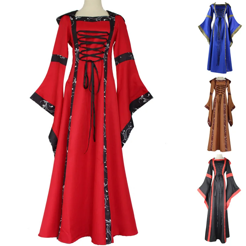 

Halloween Women European Medieval Retro Court Princress Cosplay Costume Long Dress Elegant Witch Square Collar Masquerade Wear